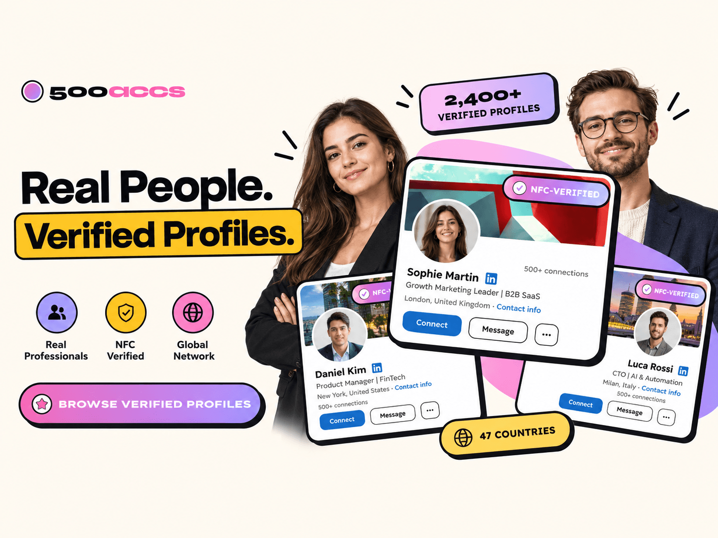 Verified LinkedIn profiles from real professionals across 12 countries, each with an NFC verification badge