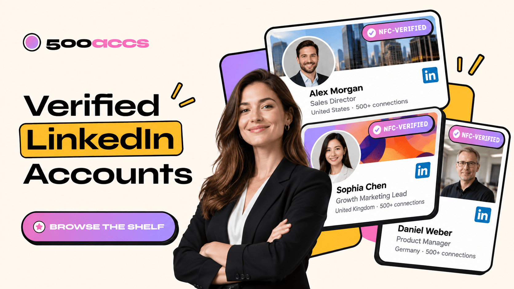 Three NFC-verified LinkedIn profile cards with names, roles, countries and 500+ connection counts