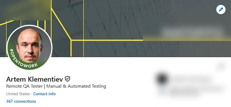 Verified LinkedIn profile of a QA Tester in United States, shown with the employer removed