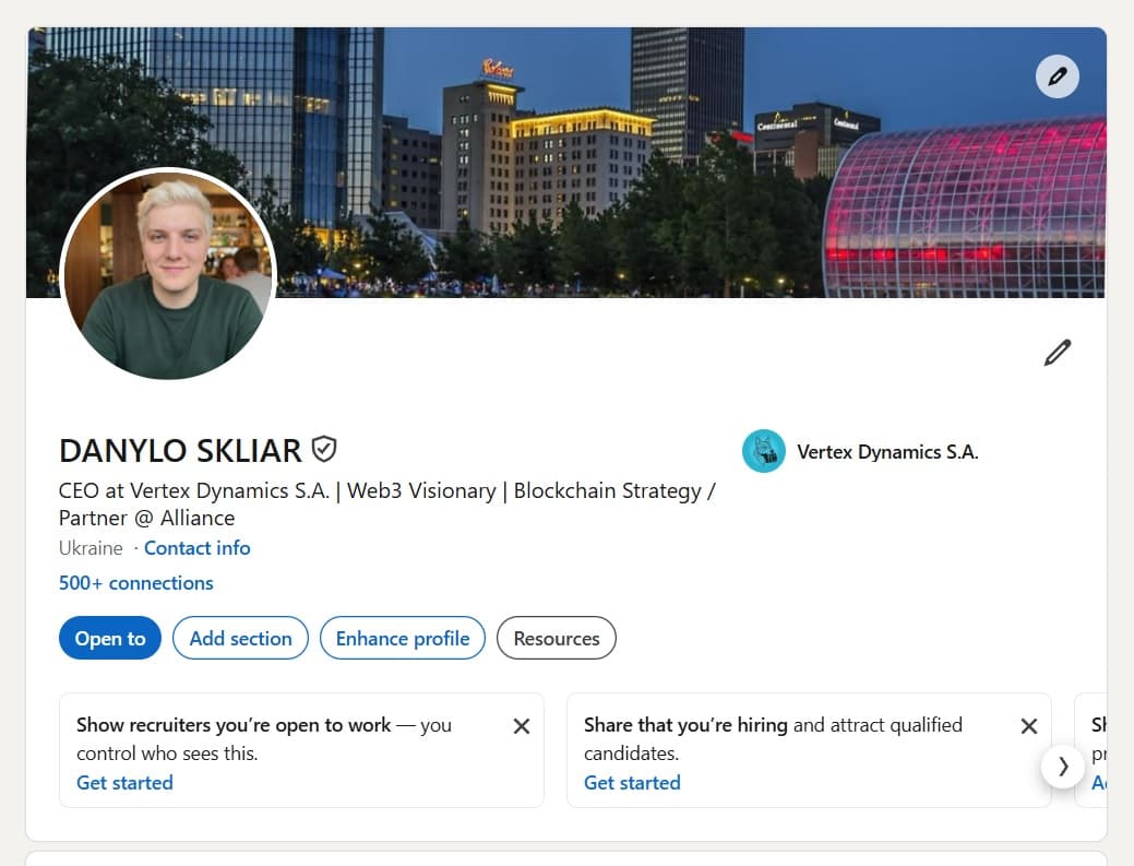 Verified LinkedIn profile of a Web3 CEO based in Ukraine, with NFC ID verification