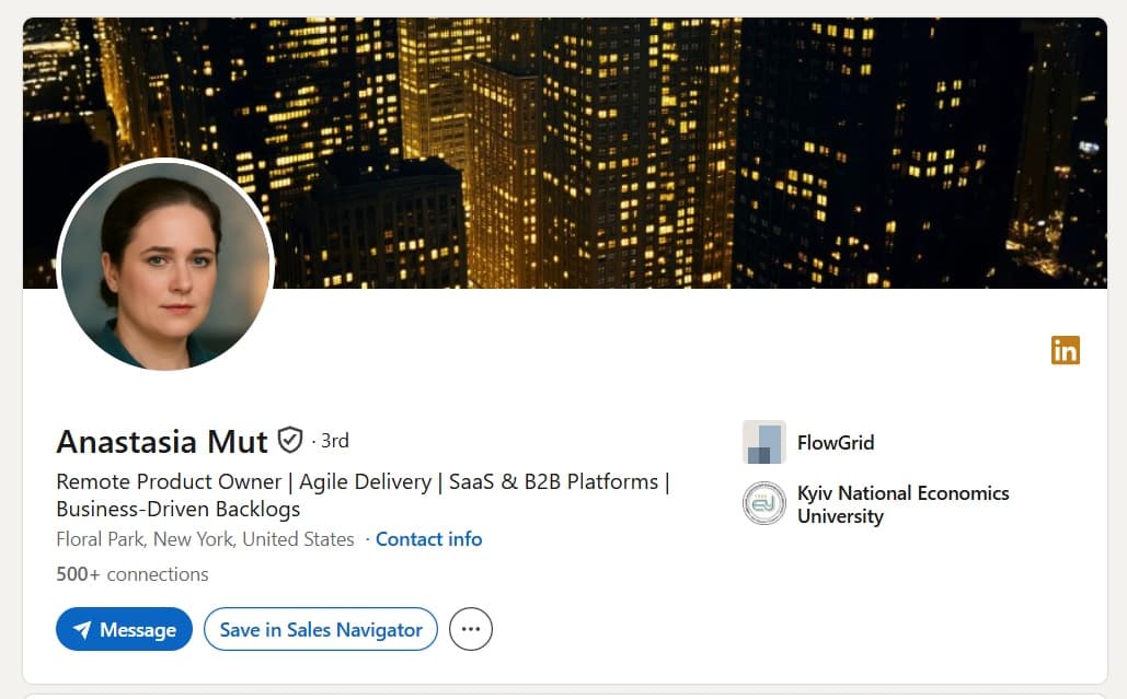 Verified LinkedIn profile of a Remote Product Owner based in New York, with NFC ID verification
