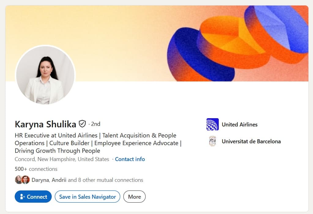 Verified LinkedIn profile of an HR Executive at a major airline based in New Hampshire, with NFC ID verification