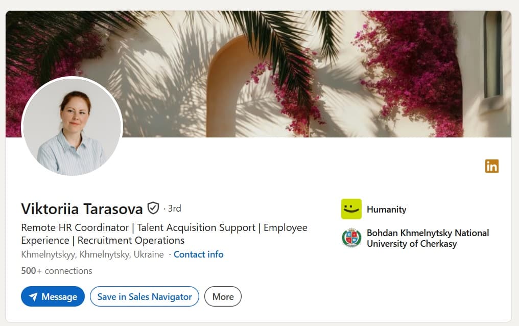 Verified LinkedIn profile of a Remote HR Coordinator based in Ukraine, with NFC ID verification