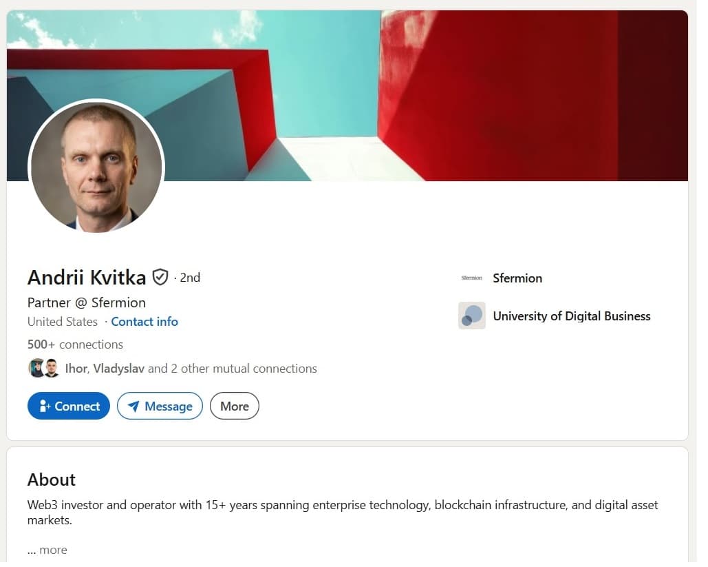 Verified LinkedIn profile of a Web3 Investment Partner based in the United States, with NFC ID verification