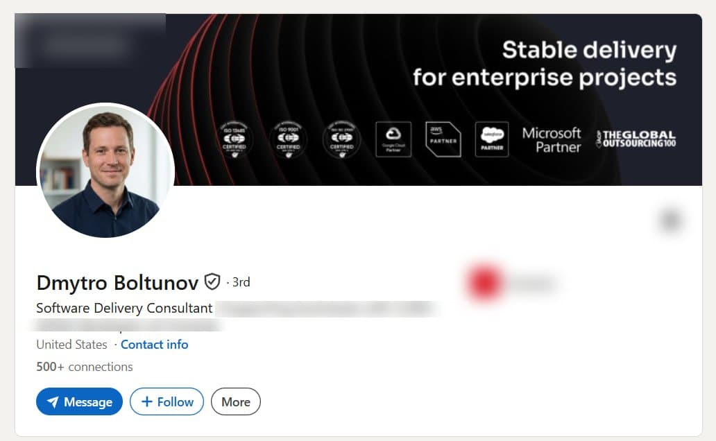 Verified LinkedIn profile of a Software Delivery Consultant in the United States, shown with the employer removed