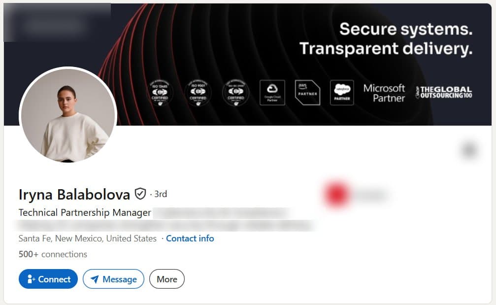 Verified LinkedIn profile of a Technical Partnership Manager in Santa Fe, New Mexico, shown with the employer removed