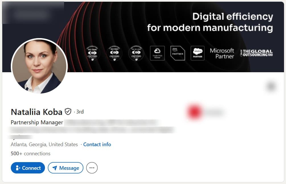 Verified LinkedIn profile of a Partnership Manager in Atlanta, Georgia, shown with the employer removed