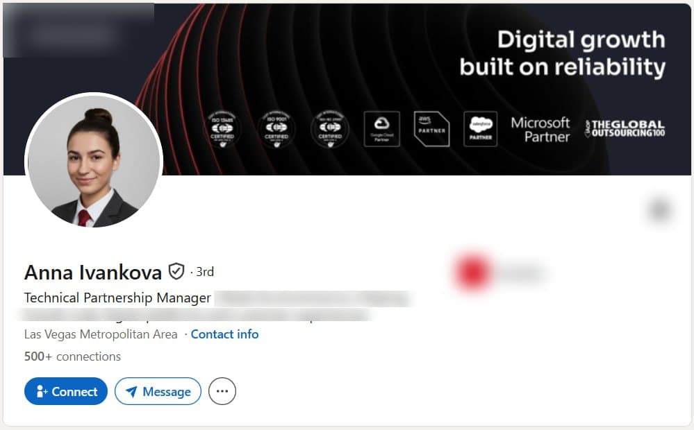 Verified LinkedIn profile of a Technical Partnership Manager in the Las Vegas metropolitan area, shown with the employer removed