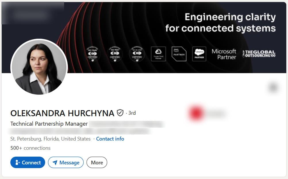 Verified LinkedIn profile of a Technical Partnership Manager in St. Petersburg, Florida, shown with the employer removed