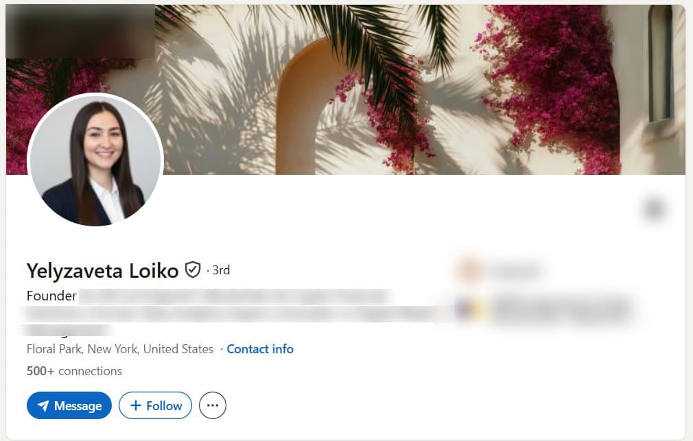 Verified LinkedIn profile of a Founder in Floral Park, New York, shown with the employer removed