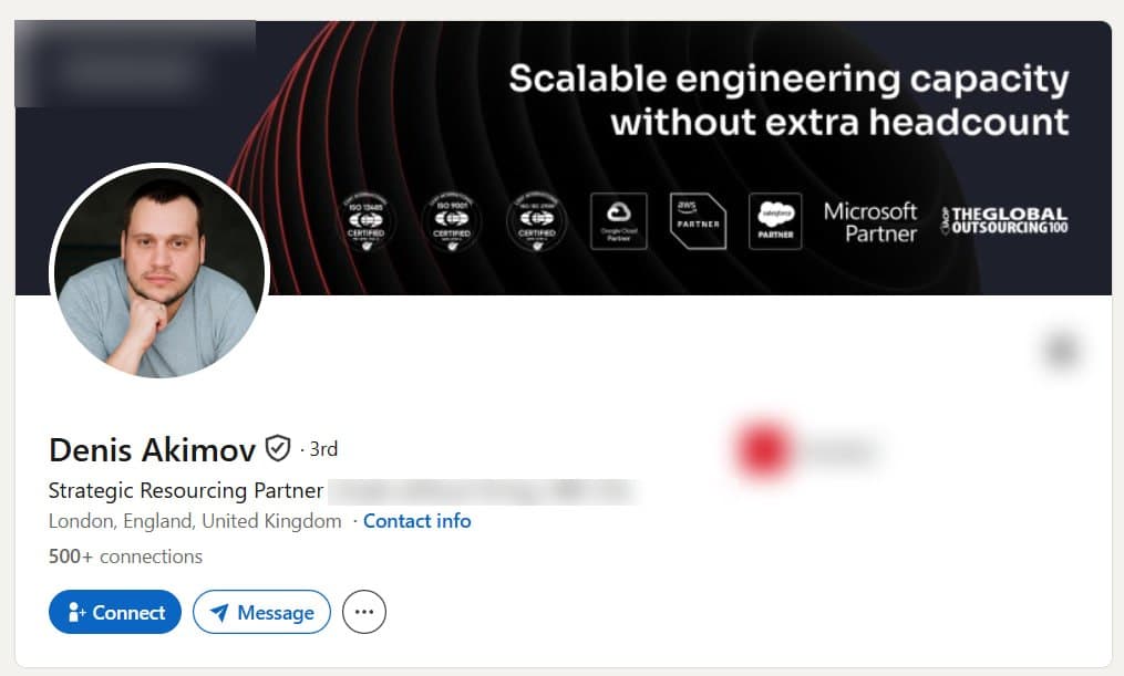 Verified LinkedIn profile of a Strategic Resourcing Partner in London, England, shown with the employer removed