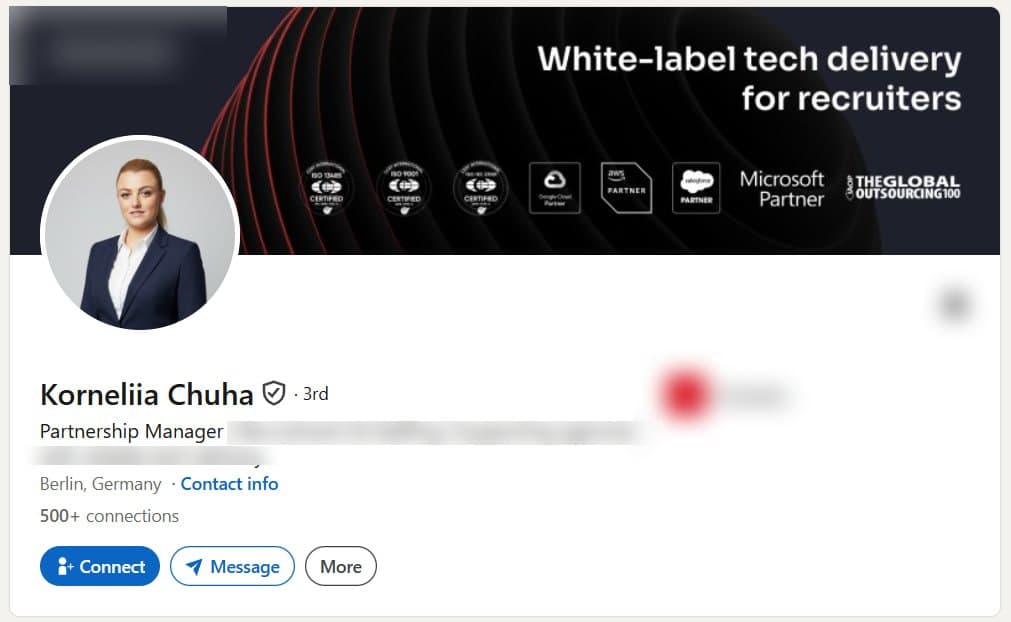 Verified LinkedIn profile of a Partnership Manager in Berlin, Germany, shown with the employer removed