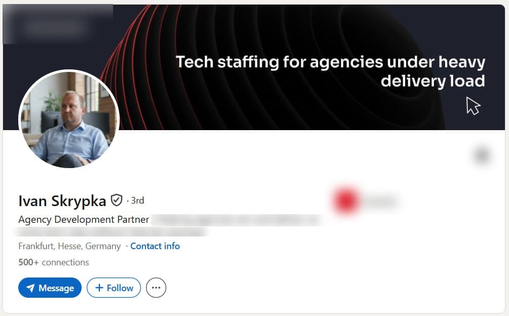 Verified LinkedIn profile of an Agency Development Partner in Frankfurt, Germany, shown with the employer removed
