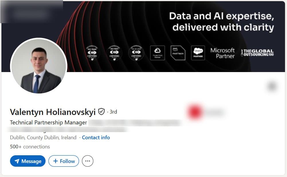 Verified LinkedIn profile of a Technical Partnership Manager in Dublin, Ireland, shown with the employer removed