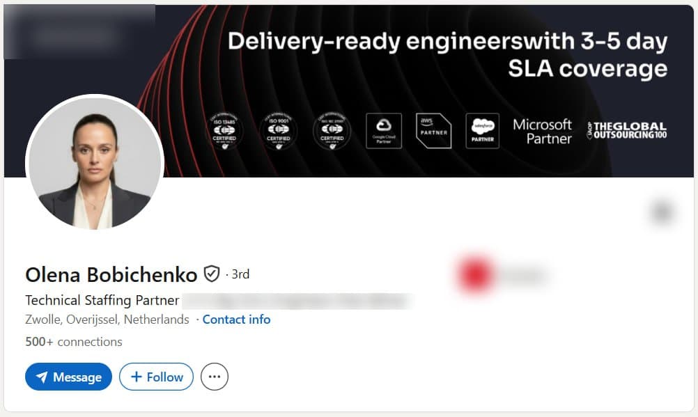 Verified LinkedIn profile of a Technical Staffing Partner in Zwolle, Netherlands, shown with the employer removed