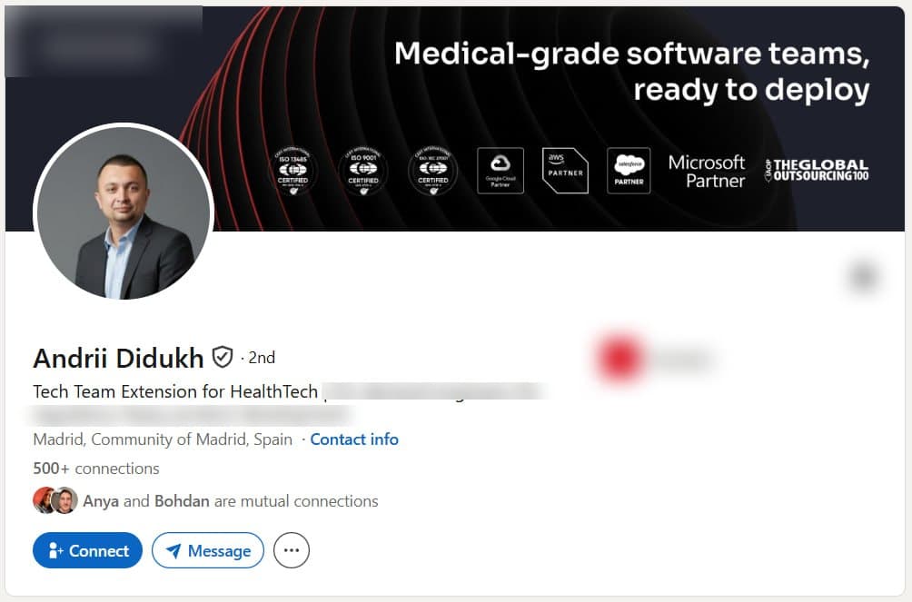 Verified LinkedIn profile of a HealthTech team-extension lead in Madrid, Spain, shown with the employer removed