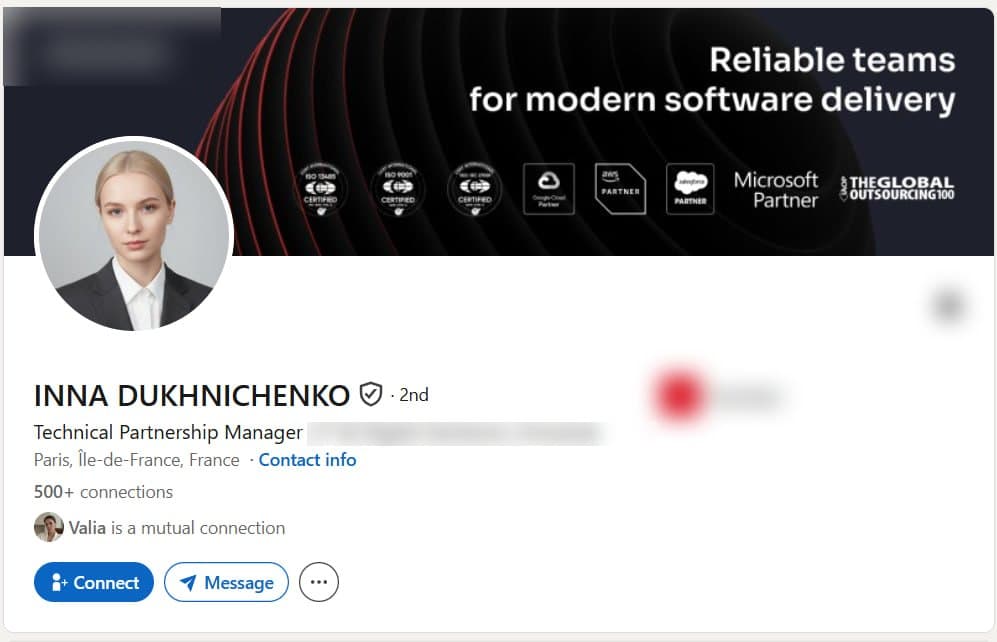 Verified LinkedIn profile of a Technical Partnership Manager in Paris, France, shown with the employer removed