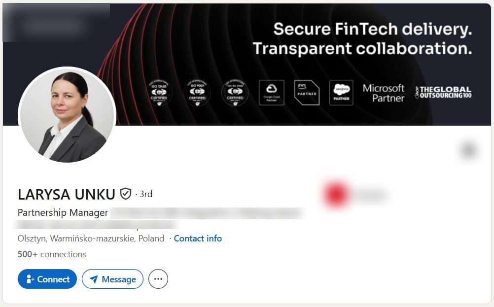 Verified LinkedIn profile of a Partnership Manager in Olsztyn, Poland, shown with the employer removed