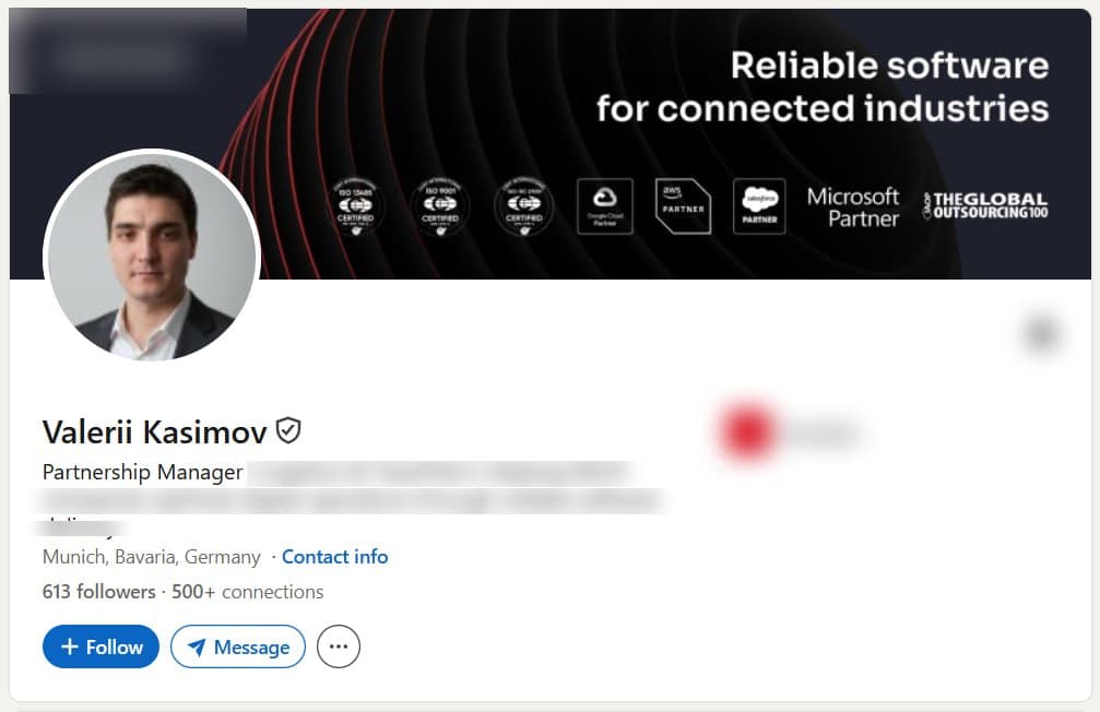 Verified LinkedIn profile of a Partnership Manager in Munich, Germany, shown with the employer removed