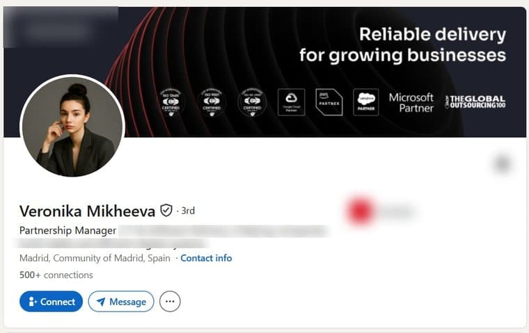 A LinkedIn account transferred to a buyer, photographed as it stood, with the employer's name and logo removed. The photograph, name, verification badge, role, country and connection count are as they were.