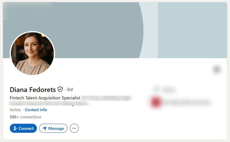 A LinkedIn account transferred to a buyer, photographed as it stood, with the employer's name and logo removed. The photograph, name, verification badge, role, country and connection count are as they were.