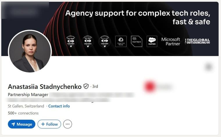 A LinkedIn account transferred to a buyer, photographed as it stood, with the employer's name and logo removed. The photograph, name, verification badge, role, country and connection count are as they were.