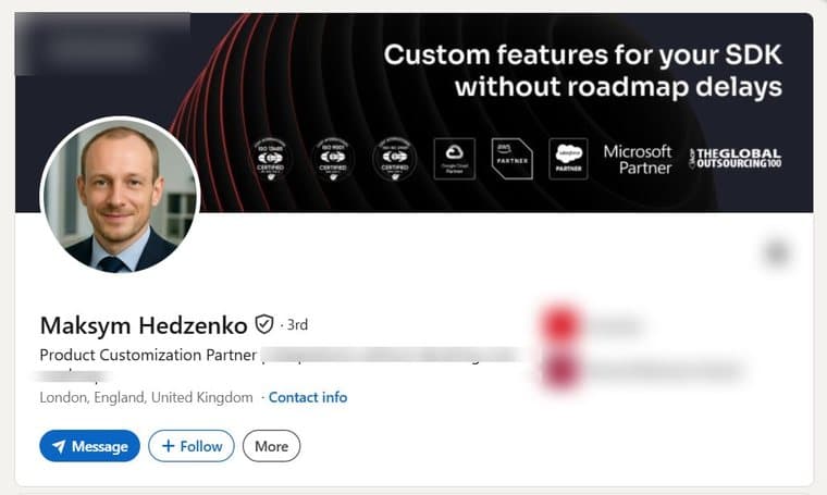 A LinkedIn account transferred to a buyer, photographed as it stood, with the employer's name and logo removed. The photograph, name, verification badge, role, country and connection count are as they were.