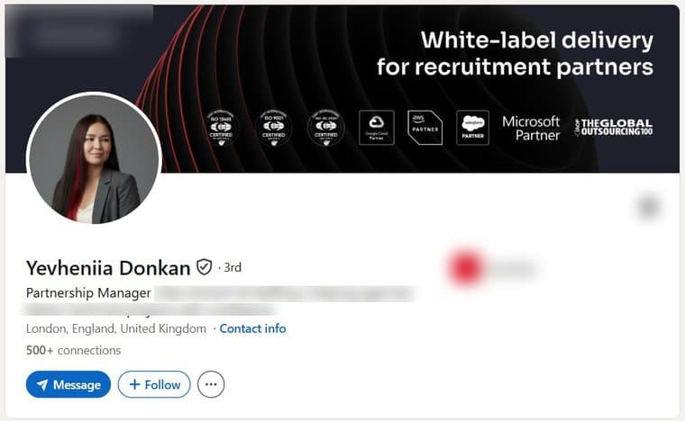 A LinkedIn account transferred to a buyer, photographed as it stood, with the employer's name and logo removed. The photograph, name, verification badge, role, country and connection count are as they were.