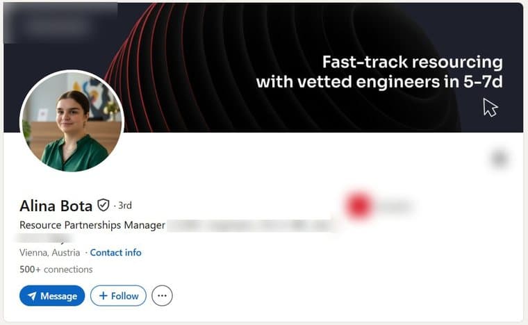 A LinkedIn account transferred to a buyer, photographed as it stood, with the employer's name and logo removed. The photograph, name, verification badge, role, country and connection count are as they were.