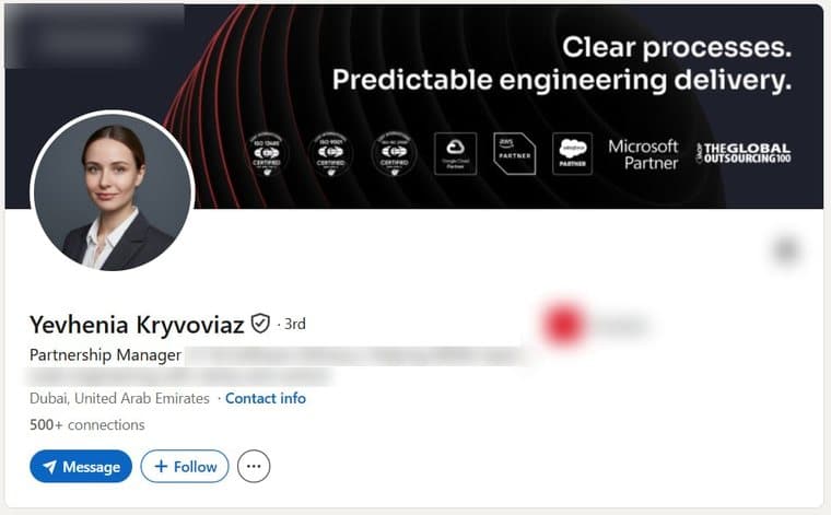 A LinkedIn account transferred to a buyer, photographed as it stood, with the employer's name and logo removed. The photograph, name, verification badge, role, country and connection count are as they were.