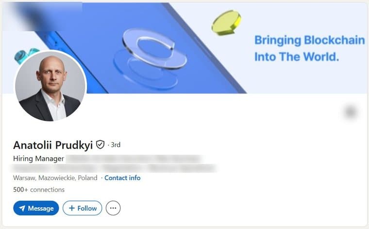 A LinkedIn account transferred to a buyer, photographed as it stood, with the employer's name and logo removed. The photograph, name, verification badge, role, country and connection count are as they were.