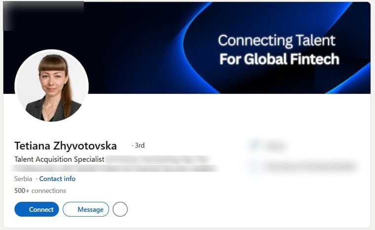 A LinkedIn account transferred to a buyer, photographed as it stood, with the employer's name and logo removed. The photograph, name, verification badge, role, country and connection count are as they were.