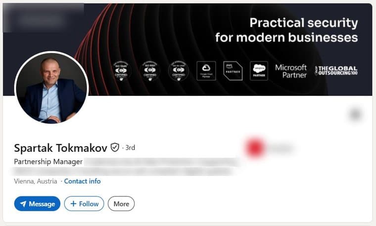 A LinkedIn account transferred to a buyer, photographed as it stood, with the employer's name and logo removed. The photograph, name, verification badge, role, country and connection count are as they were.