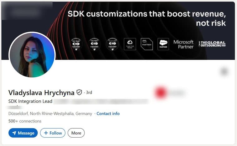 A LinkedIn account transferred to a buyer, photographed as it stood, with the employer's name and logo removed. The photograph, name, verification badge, role, country and connection count are as they were.