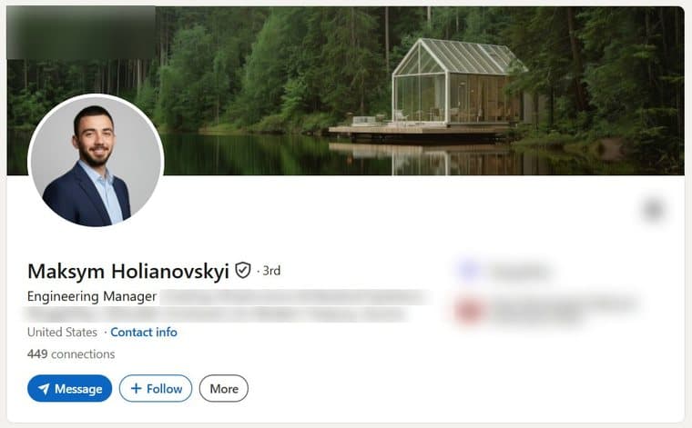 A LinkedIn account transferred to a buyer, photographed as it stood, with the employer's name and logo removed. The photograph, name, verification badge, role, country and connection count are as they were.