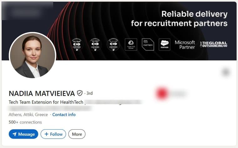 A LinkedIn account transferred to a buyer, photographed as it stood, with the employer's name and logo removed. The photograph, name, verification badge, role, country and connection count are as they were.