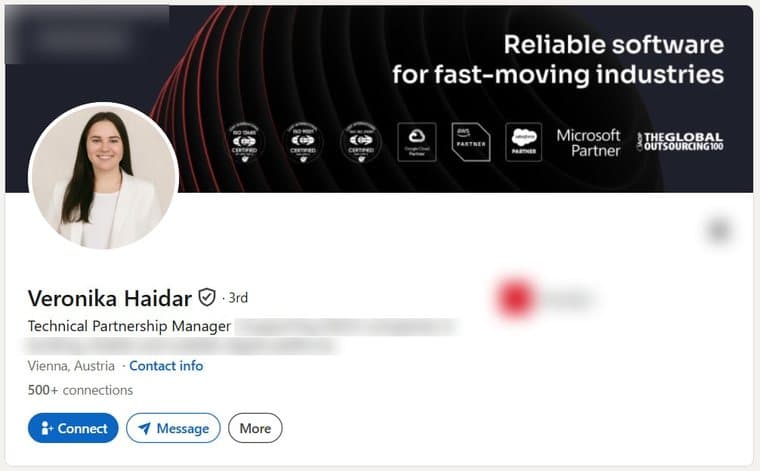 A LinkedIn account transferred to a buyer, photographed as it stood, with the employer's name and logo removed. The photograph, name, verification badge, role, country and connection count are as they were.