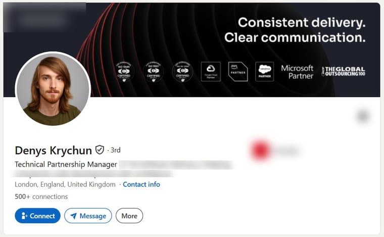 A LinkedIn account transferred to a buyer, photographed as it stood, with the employer's name and logo removed. The photograph, name, verification badge, role, country and connection count are as they were.