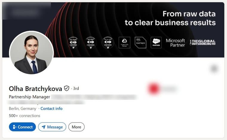 A LinkedIn account transferred to a buyer, photographed as it stood, with the employer's name and logo removed. The photograph, name, verification badge, role, country and connection count are as they were.