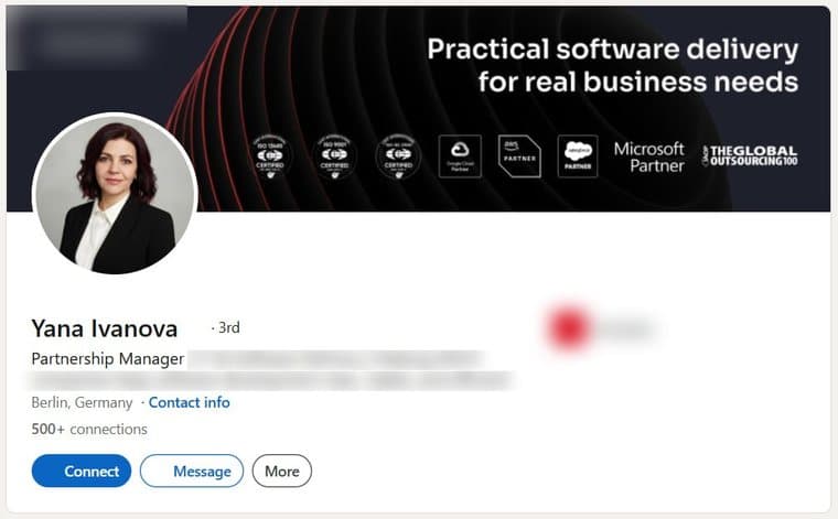 A LinkedIn account transferred to a buyer, photographed as it stood, with the employer's name and logo removed. The photograph, name, verification badge, role, country and connection count are as they were.