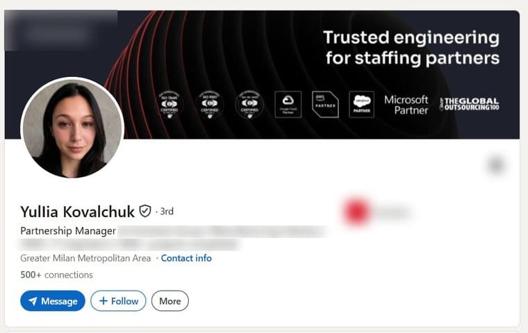 A LinkedIn account transferred to a buyer, photographed as it stood, with the employer's name and logo removed. The photograph, name, verification badge, role, country and connection count are as they were.