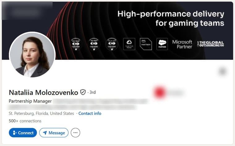 A LinkedIn account transferred to a buyer, photographed as it stood, with the employer's name and logo removed. The photograph, name, verification badge, role, country and connection count are as they were.