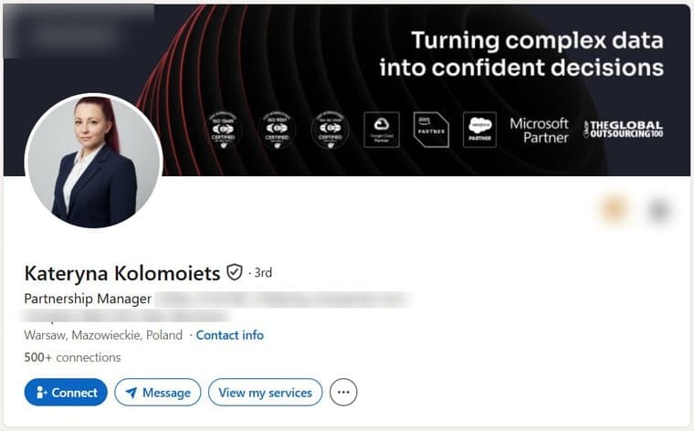 A LinkedIn account transferred to a buyer, photographed as it stood, with the employer's name and logo removed. The photograph, name, verification badge, role, country and connection count are as they were.