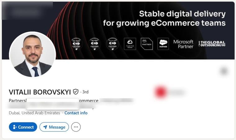 A LinkedIn account transferred to a buyer, photographed as it stood, with the employer's name and logo removed. The photograph, name, verification badge, role, country and connection count are as they were.