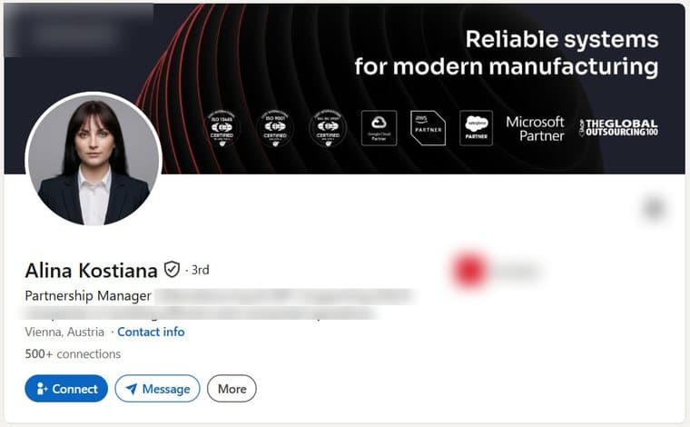 A LinkedIn account transferred to a buyer, photographed as it stood, with the employer's name and logo removed. The photograph, name, verification badge, role, country and connection count are as they were.