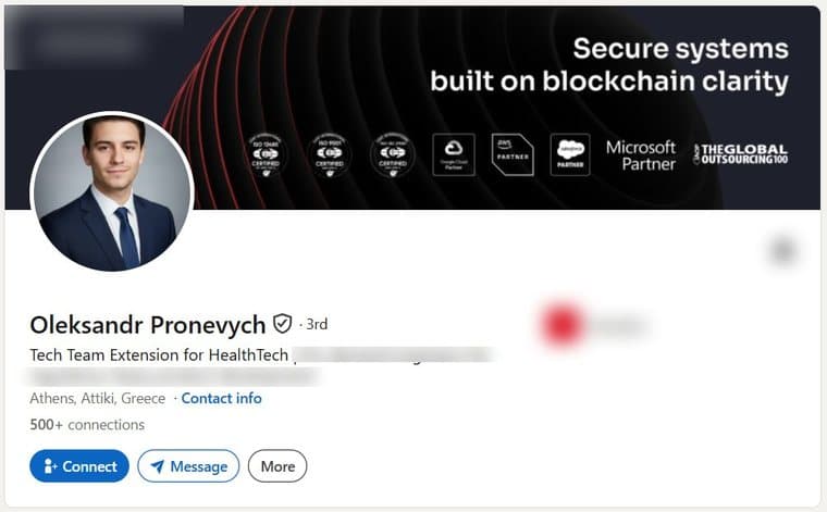 A LinkedIn account transferred to a buyer, photographed as it stood, with the employer's name and logo removed. The photograph, name, verification badge, role, country and connection count are as they were.