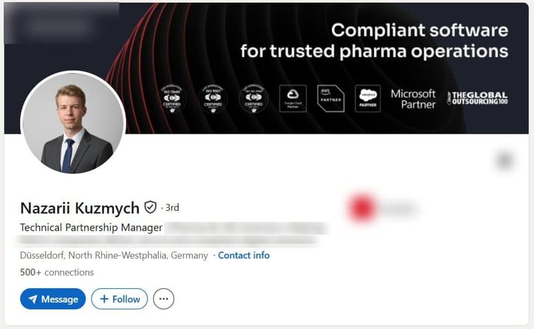 A LinkedIn account transferred to a buyer, photographed as it stood, with the employer's name and logo removed. The photograph, name, verification badge, role, country and connection count are as they were.